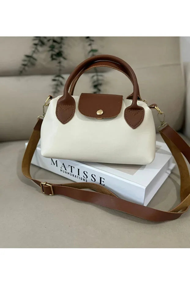 Women's Faux Leather Handle Small Size Hand and Shoulder Bag Cream