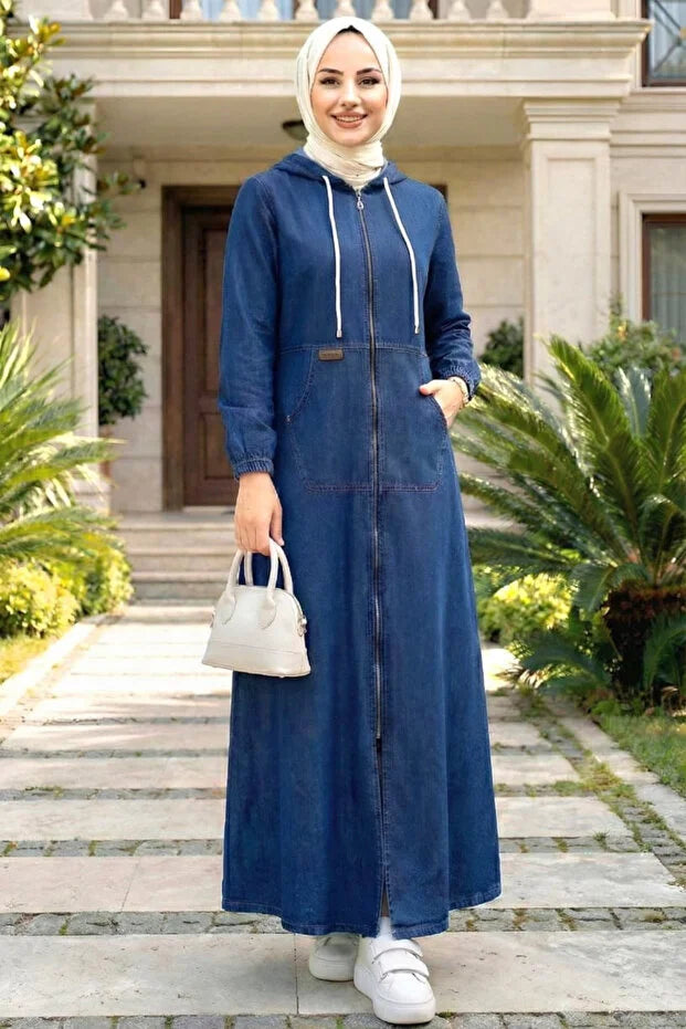 Hb Harma Time Butik Women's Hooded Denim Dark Gray Jeans Cap with Pockets and Zipper