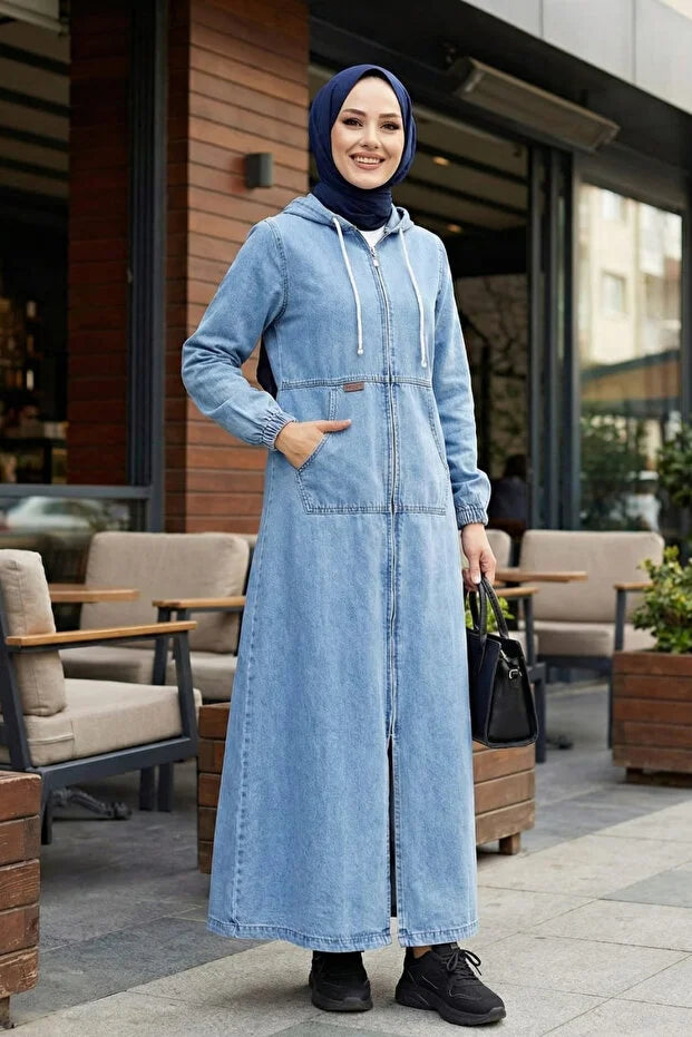 Hb Harma Time Butik Women's Hooded Denim Dark Gray Jeans Cap with Pockets and Zipper