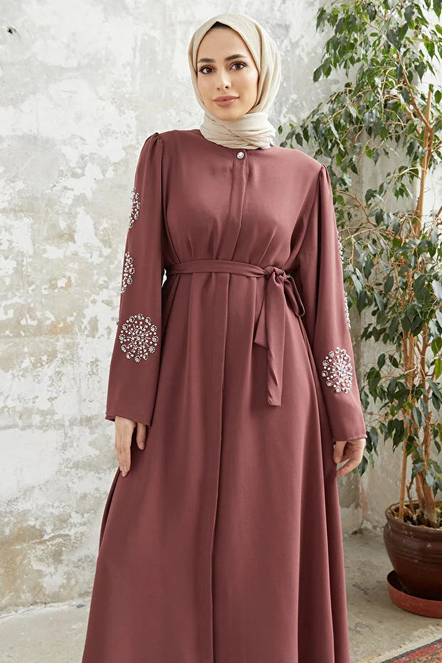 VAVİNOR Liva Stone Abaya with Arms - Oil Green