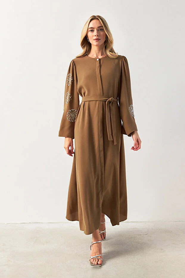 VAVİNOR Liva Stone Abaya with Arms - Oil Green