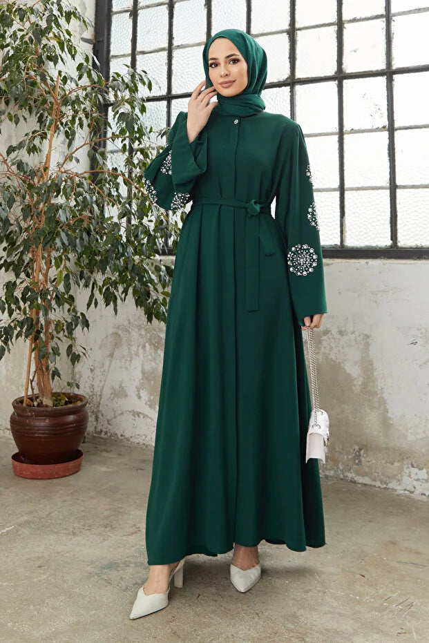 VAVİNOR Liva Stone Abaya with Arms - Oil Green