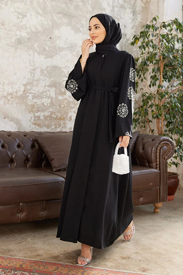 VAVİNOR Liva Stone Abaya with Arms - Oil Green