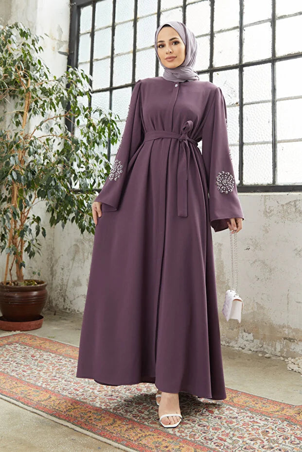 VAVİNOR Liva Stone Abaya with Arms - Oil Green