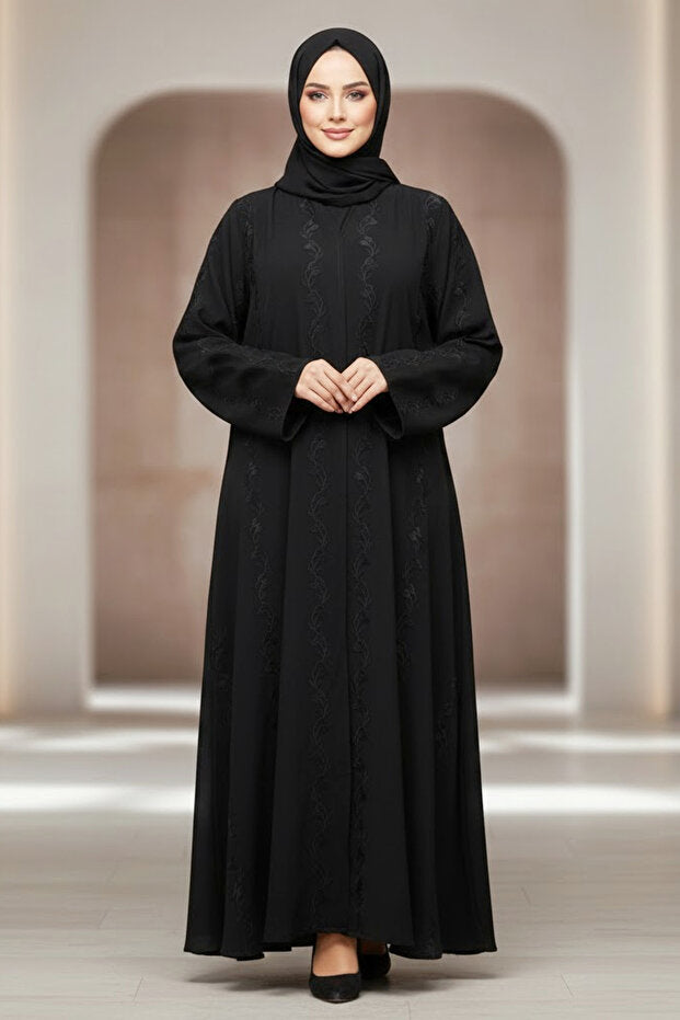 Stylish Black Embroidered Abaya Front Open Muslim Arabic V-neck Long Sleeve Women's Abaya Dress