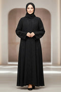 Stylish Black Embroidered Abaya Front Open Muslim Arabic V-neck Long Sleeve Women's Abaya Dress