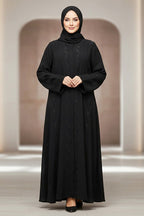 Stylish Black Embroidered Abaya Front Open Muslim Arabic V-neck Long Sleeve Women's Abaya Dress