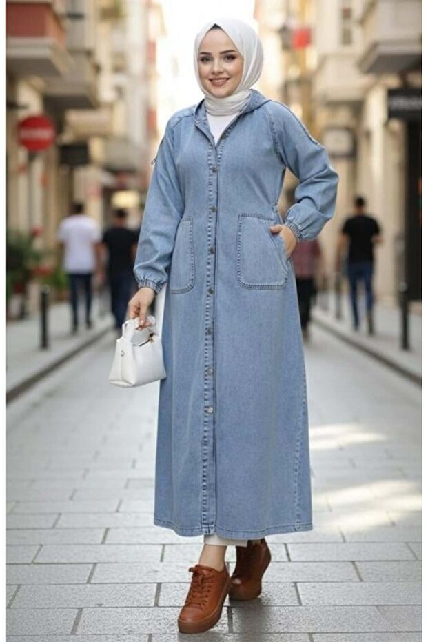 Hb Harma Time Butik Women's Buttoned Hooded Pocket Denim Blue Cap