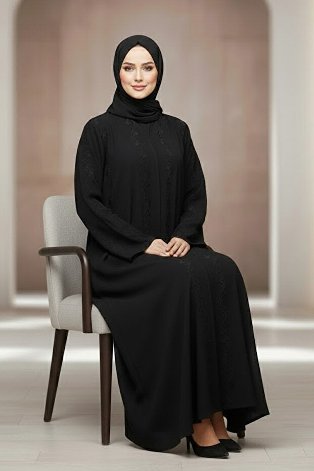 Stylish Black Embroidered Abaya Front Open Muslim Arabic V-neck Long Sleeve Women's Abaya Dress