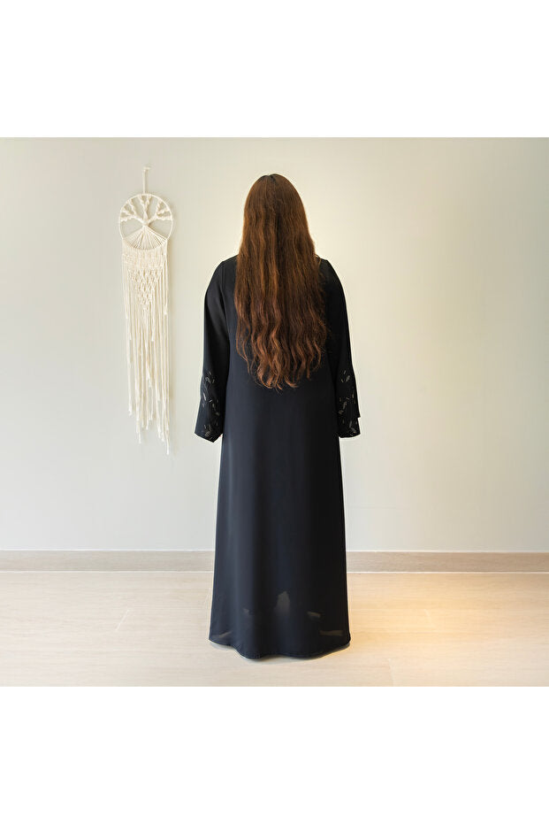 LINELLE Black Abaya Women – V-Neck, Buttoned Front-Open Style
