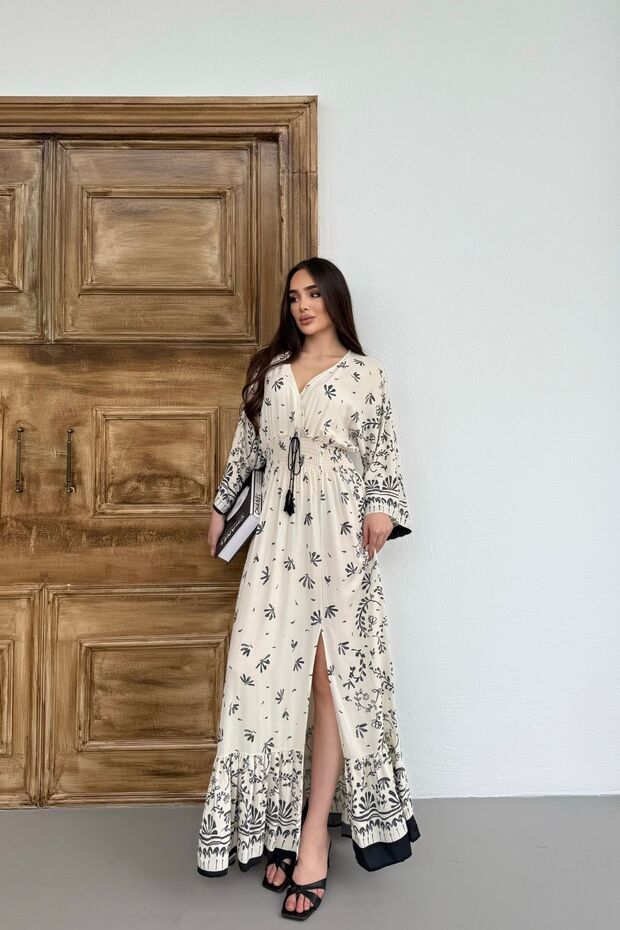 Mezka Women's Black Patterned Waist Gimped Long Slit Dress