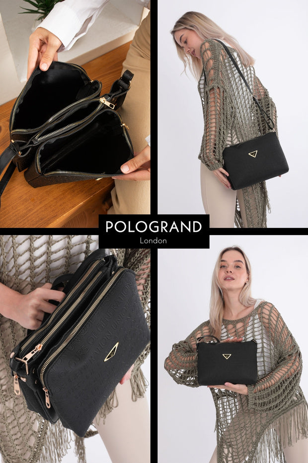 POLOGRAND London Original Women's 3 Compartment Luxury Soft Leather Stylish Model Adjustable Cross Strap Black Shoulder Bag