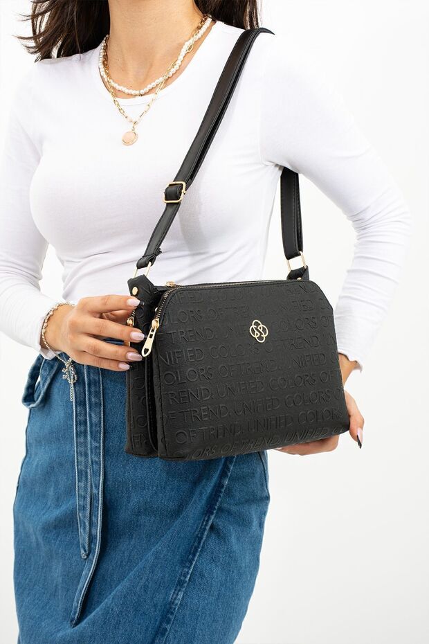 mugalas Black Text Printed Three Compartment Water Repellent Shoulder Cross Strap Quality Bag