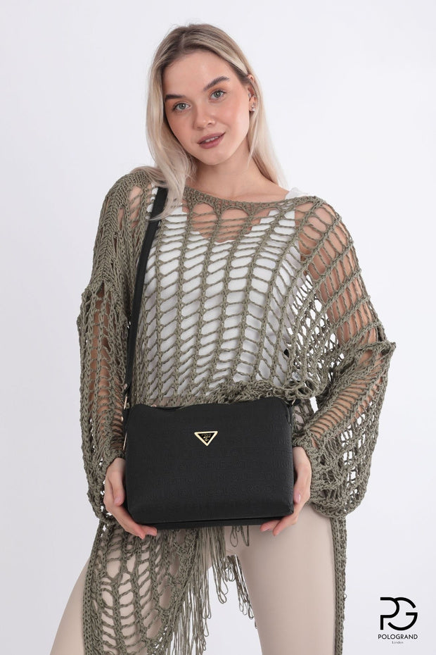 POLOGRAND London Original Women's 3 Compartment Luxury Soft Leather Stylish Model Adjustable Cross Strap Black Shoulder Bag