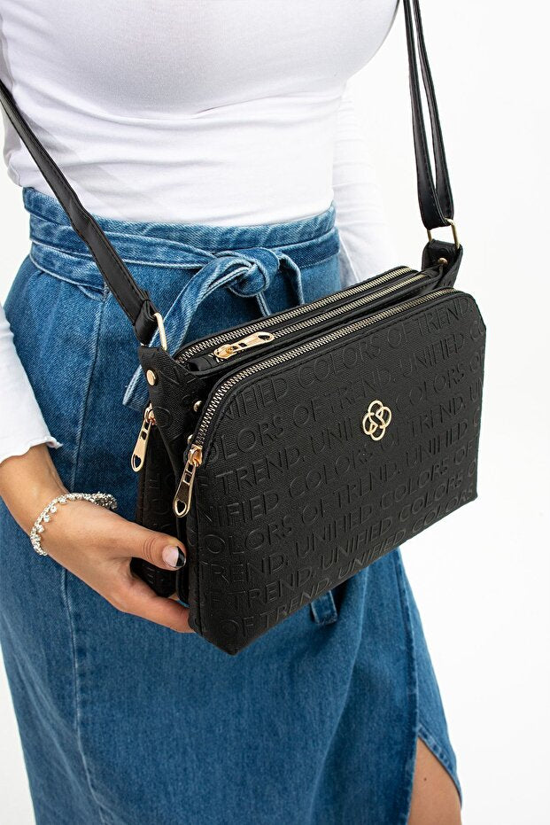 mugalas Black Text Printed Three Compartment Water Repellent Shoulder Cross Strap Quality Bag