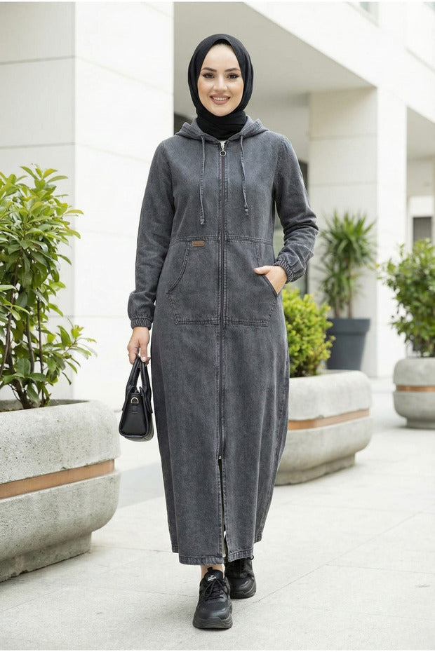 Hb Harma Time Butik Women's Hooded Denim Dark Gray Jeans Cap with Pockets and Zipper