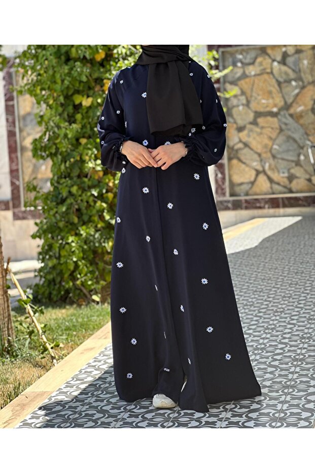 Bayram Giyim Ferace Daisy Print Reglan Sleeve Navy Blue