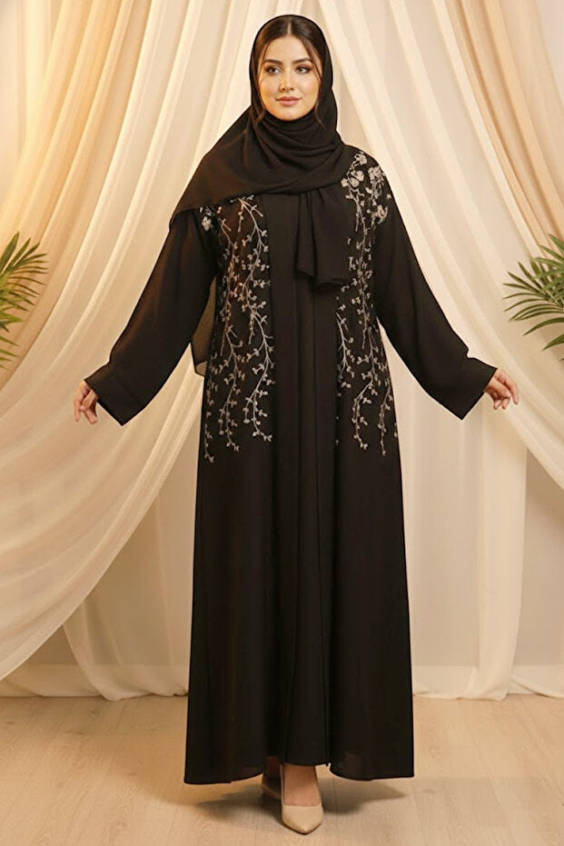 Muchmy Premium Black Embroidered Abaya 2 Pieces With Inner For Women's Casual Muslim Ladies Abayas Dress