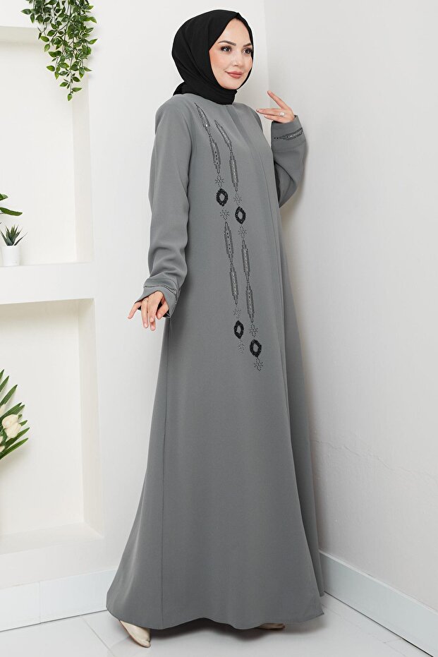 hafsamina Large Size Ferace with Stones on the Front, Gray Hm2800