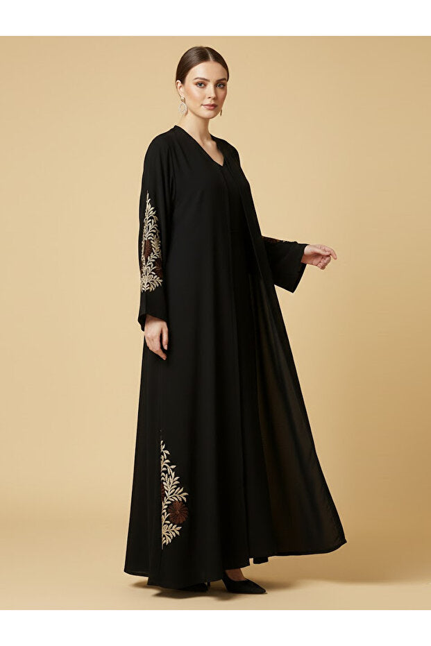 Muchmy Elegant Black Floral Embroidered Abaya For Women's Button Closure V-neck Long Sleeve Muslim Abaya