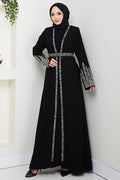 hafsamina Stone Detailed Inner Layer Abaya Set Black Hm2858