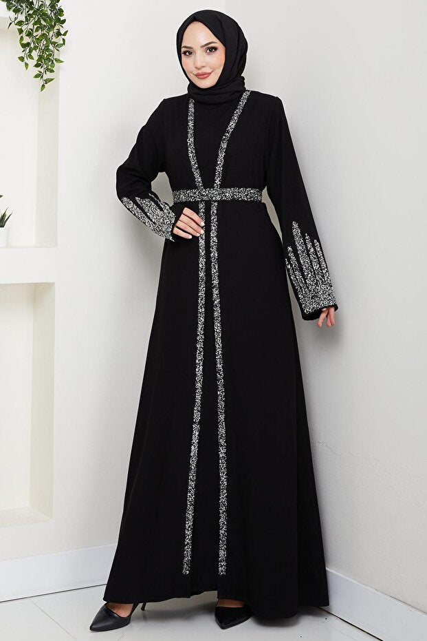 hafsamina Stone Detailed Inner Layer Abaya Set Black Hm2858