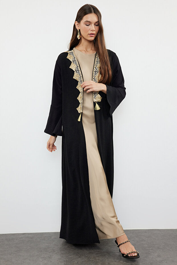 Trendyol Modest Black Gold Embroidery Detailed Woven Cap & Ferace & Abaya & Kimono Tctss24Kf00055