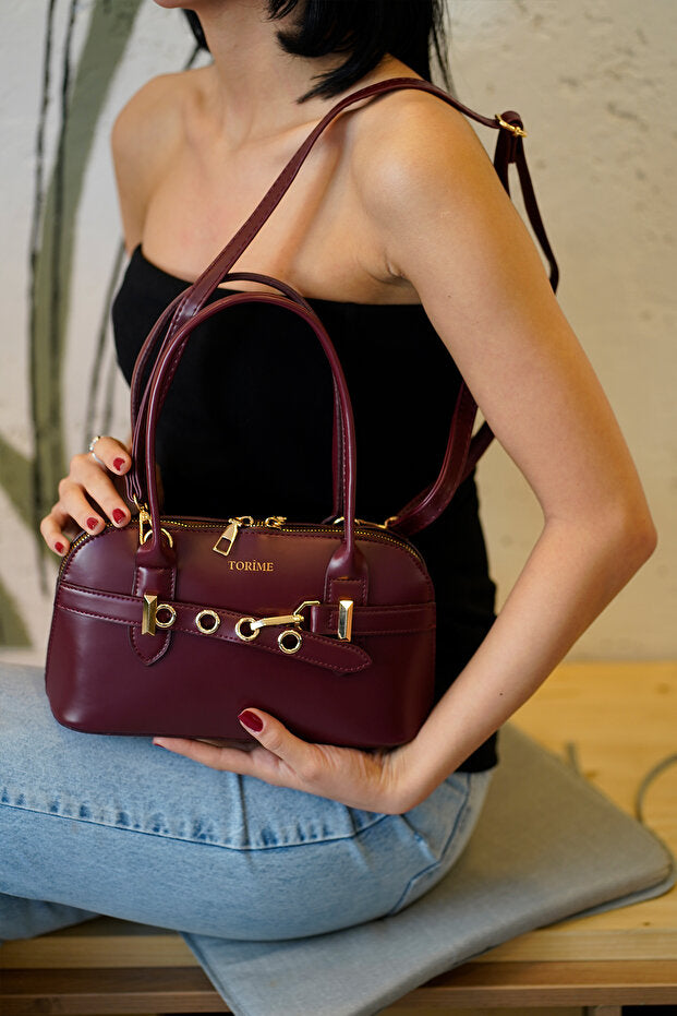 torime Burgundy Belt Detailed Vegan Leather Women's Crossbody Bag – Elegant & Versatile