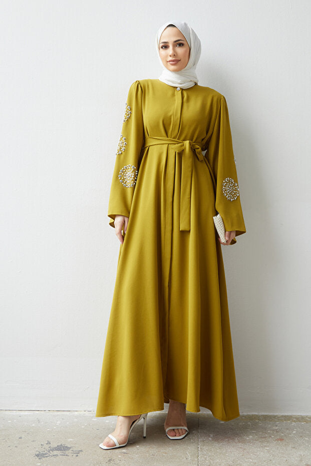 VAVİNOR Liva Stone Abaya with Arms - Oil Green
