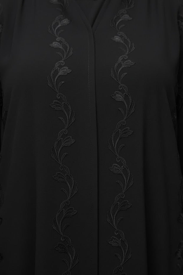 Stylish Black Embroidered Abaya Front Open Muslim Arabic V-neck Long Sleeve Women's Abaya Dress