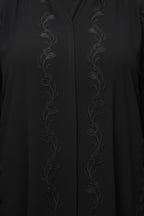 Stylish Black Embroidered Abaya Front Open Muslim Arabic V-neck Long Sleeve Women's Abaya Dress