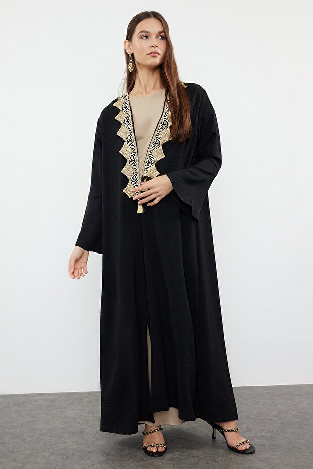Trendyol Modest Black Gold Embroidery Detailed Woven Cap & Ferace & Abaya & Kimono Tctss24Kf00055