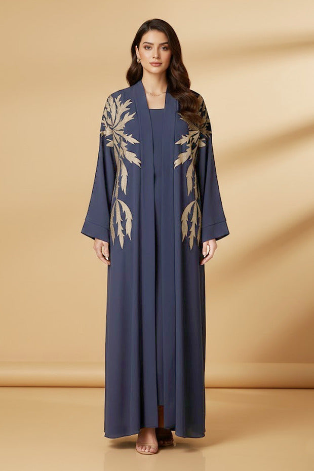 Muchmy 2 Pieces Women’s Navy Blue Open Abaya And Inner With Gold Leaf Embroidery Long Sleeve Muslim Abaya