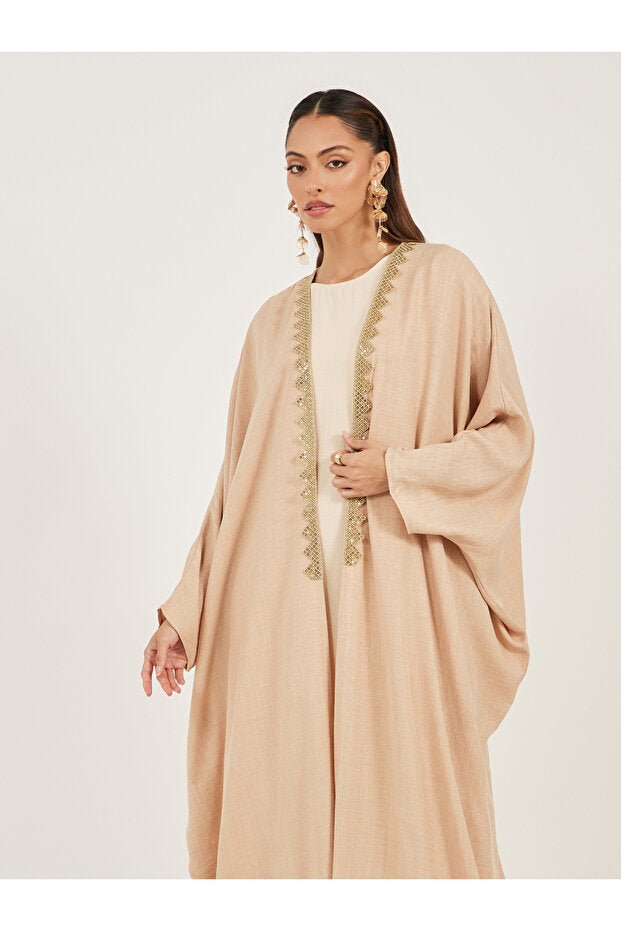 Styli Textured Batwing Sleeve Abaya with Lace Detail