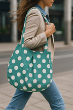 YUNUSOĞLU HOME Water Green Multi-Purpose Premium Oversize Polka Dot Medium Size Canvas Women's Hand and Shoulder Bag