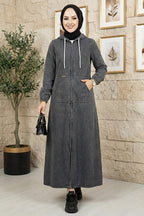 Hb Harma Time Butik Women's Hooded Denim Dark Gray Jeans Cap with Pockets and Zipper