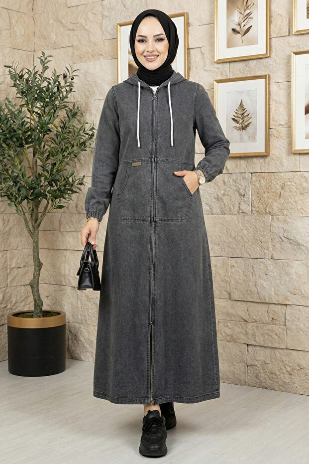Hb Harma Time Butik Women's Hooded Denim Dark Gray Jeans Cap with Pockets and Zipper