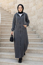 Hb Harma Time Butik Women's Hooded Denim Dark Gray Jeans Cap with Pockets and Zipper