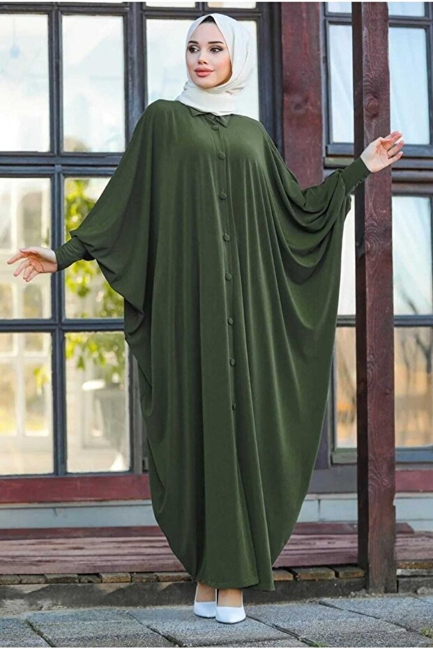 MODAMÜNASİP Long Sandy Ferace with Buttoned Front Bat Sleeves