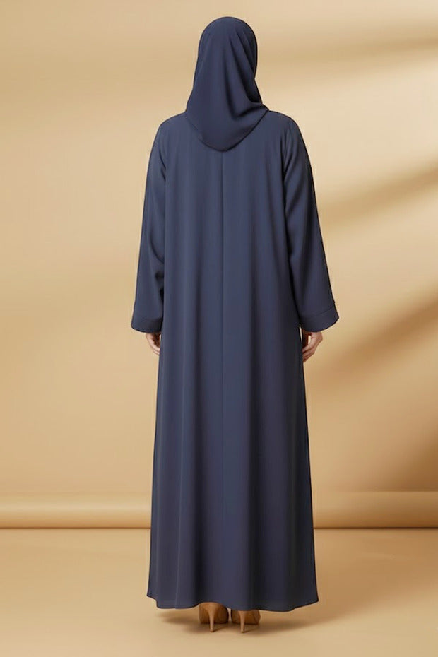 Muchmy 2 Pieces Women’s Navy Blue Open Abaya And Inner With Gold Leaf Embroidery Long Sleeve Muslim Abaya