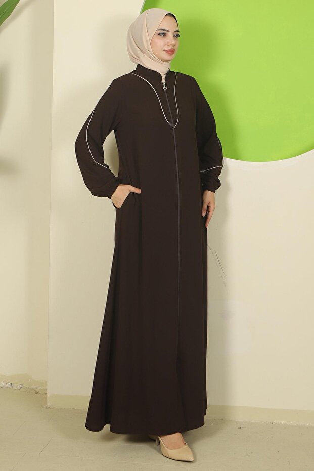 hafsamina Piping Detailed Ferace Bitter Brown Hm2812