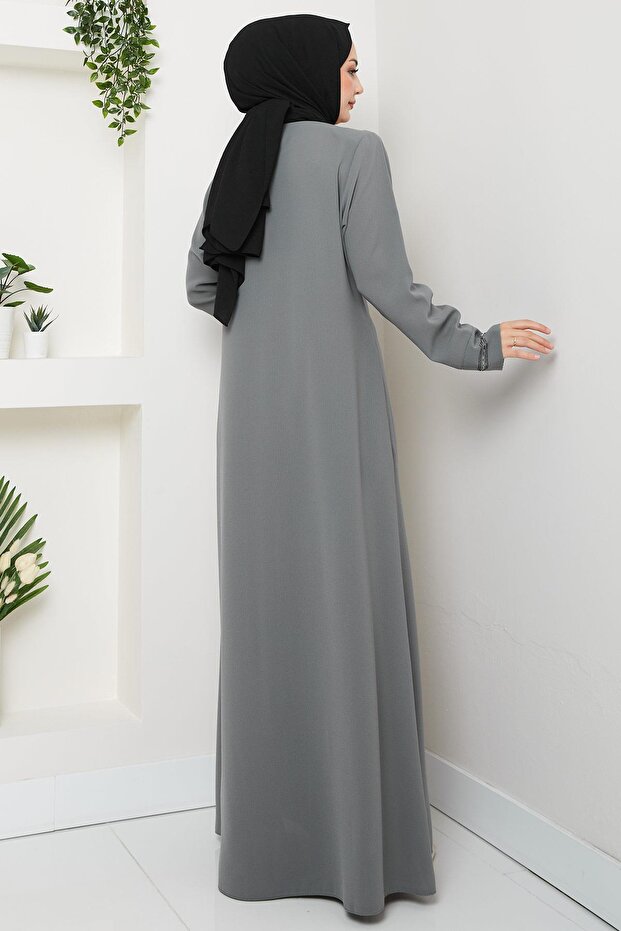 hafsamina Large Size Ferace with Stones on the Front, Gray Hm2800