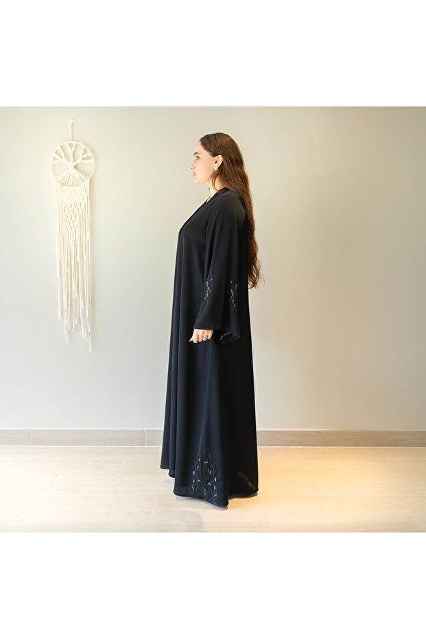 LINELLE Black Abaya Women – V-Neck, Buttoned Front-Open Style