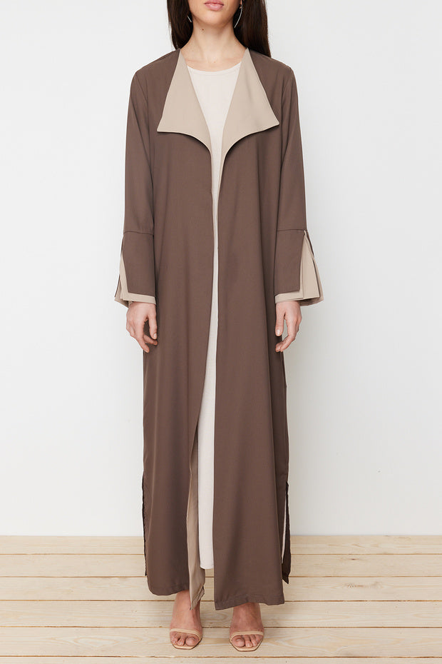 Trendyol Modest Brown Stone Color Blocked Long Aerobin Woven Cap & Ferace & Abaya TCTSS24KF00011