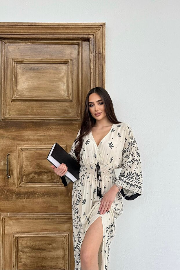 Mezka Women's Black Patterned Waist Gimped Long Slit Dress