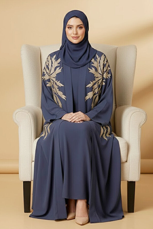 Muchmy 2 Pieces Women’s Navy Blue Open Abaya And Inner With Gold Leaf Embroidery Long Sleeve Muslim Abaya