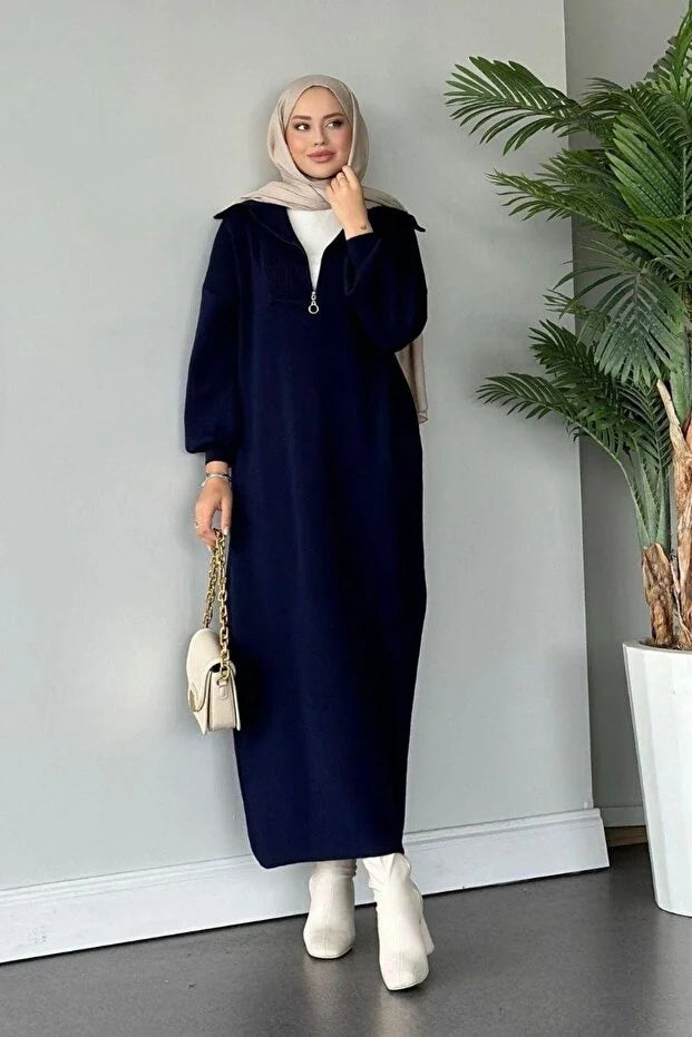 Flavus Puella Women's Zippered Corded Fabric Collar Balloon Sleeve Midi Knitwear Dress