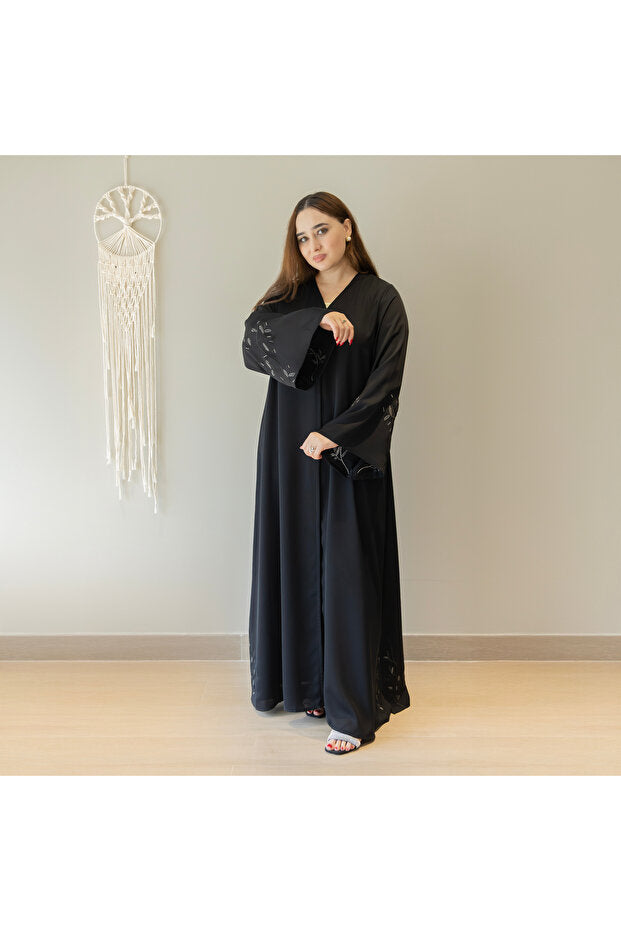 LINELLE Black Abaya Women – V-Neck, Buttoned Front-Open Style