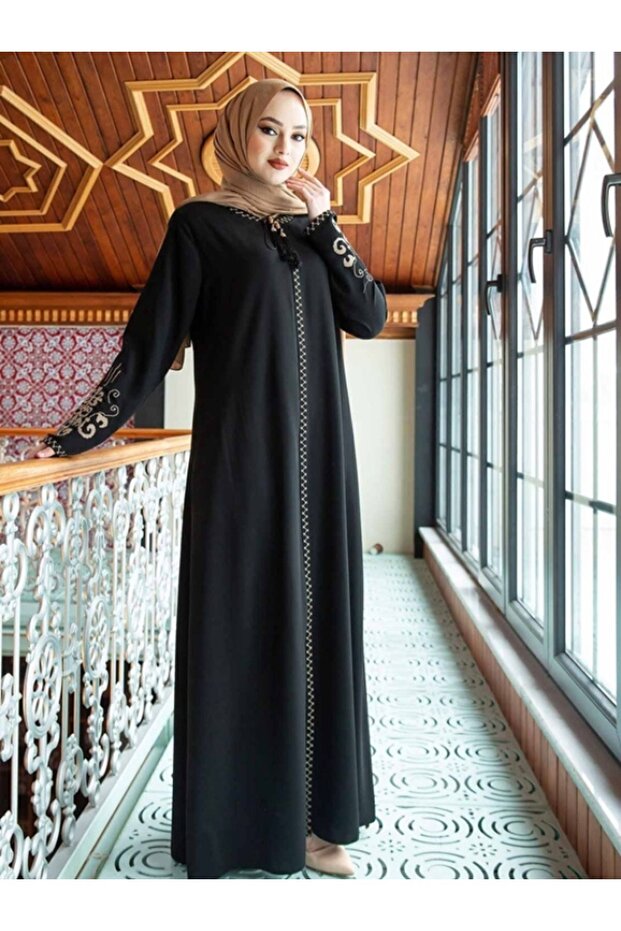 ISTANBUL STYLES Large Size Embroidered Zippered Ferace Crepe Fabric Ferace