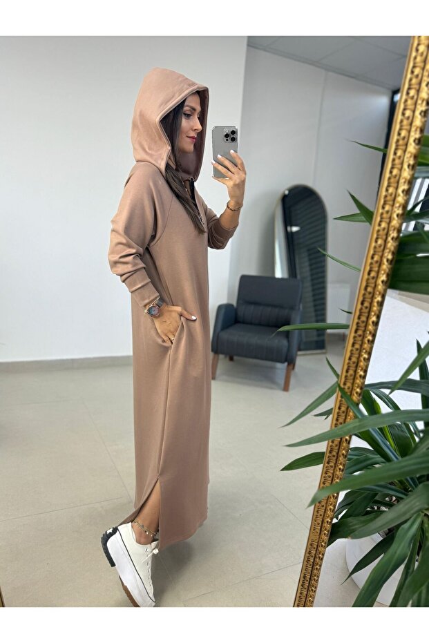 caddstore Dr 8137 Mink Zip Hooded Modal Dress